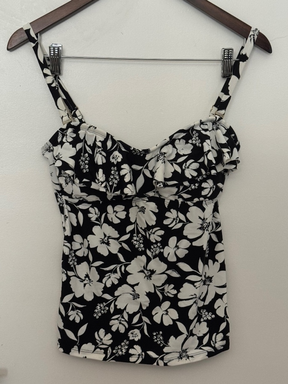 Women's Swim Tank, Black and White Hibiscus